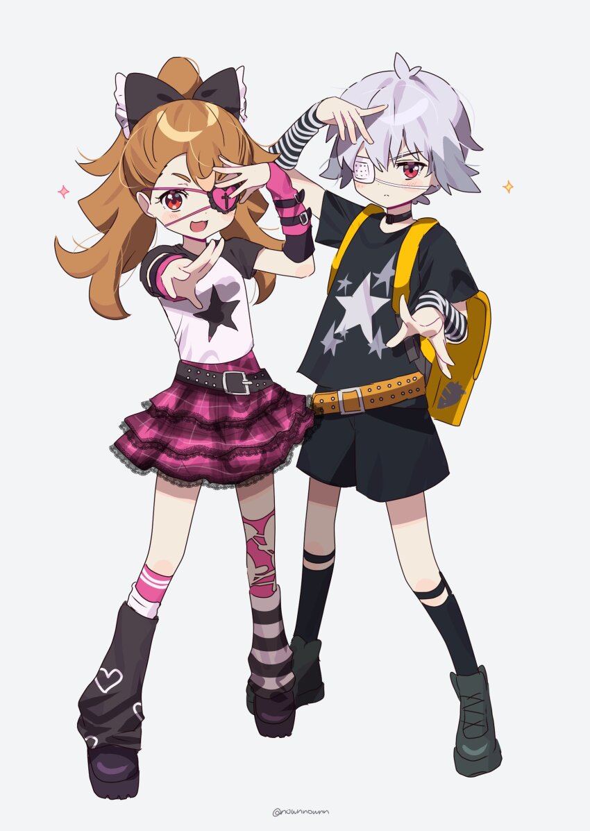 1boy 1girl absurdres arm_warmers backpack bag belt black_belt black_bow black_choker black_footwear black_socks bow brown_hair choker closed_mouth eyepatch flat_chest full_body grey_hair hair_between_eyes hair_bow highres inukai_komugi kneehighs leg_warmers long_hair looking_at_viewer medical_eyepatch multicolored_hair nownnownn open_mouth orange_belt outstretched_arm pink_skirt pink_socks platform_footwear ponytail precure print_shirt shirt short_hair short_sleeves simple_background skirt smile socks standing star_(symbol) star_print toyama_daifuku two-tone_hair white_background white_shirt wonderful_precure! yellow_bag