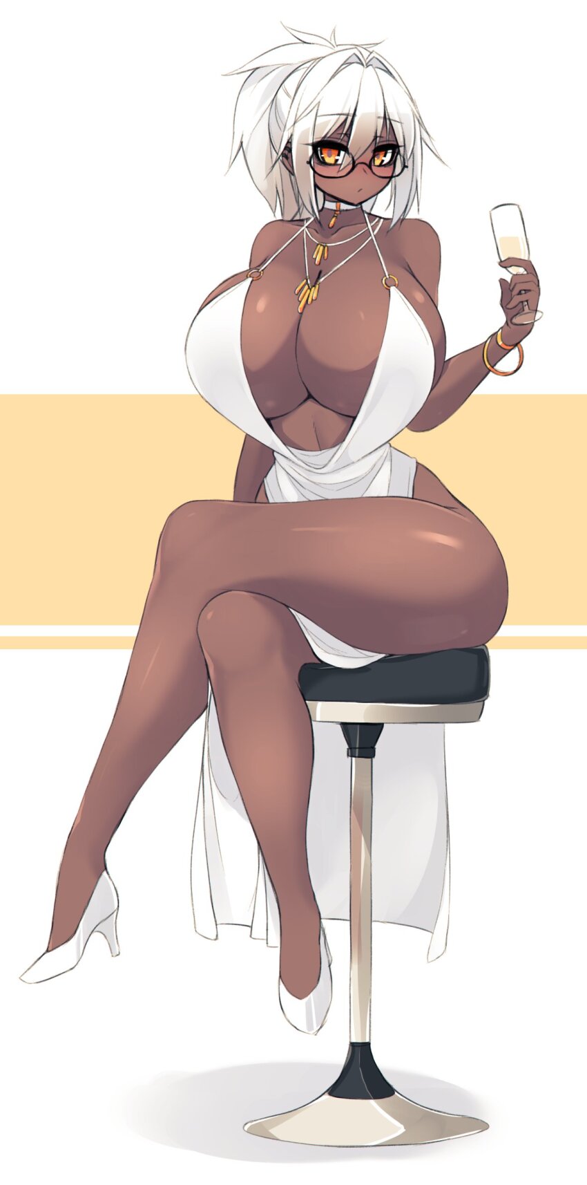 1girl alcohol bare_shoulders breasts calico_(sub-res) champagne champagne_flute cup dark-skinned_female dark_skin dress drinking_glass evening_gown glasses hair_between_eyes high_heels highres huge_breasts jewelry original plunging_neckline ponytail silver_dress solo sub-res white_hair