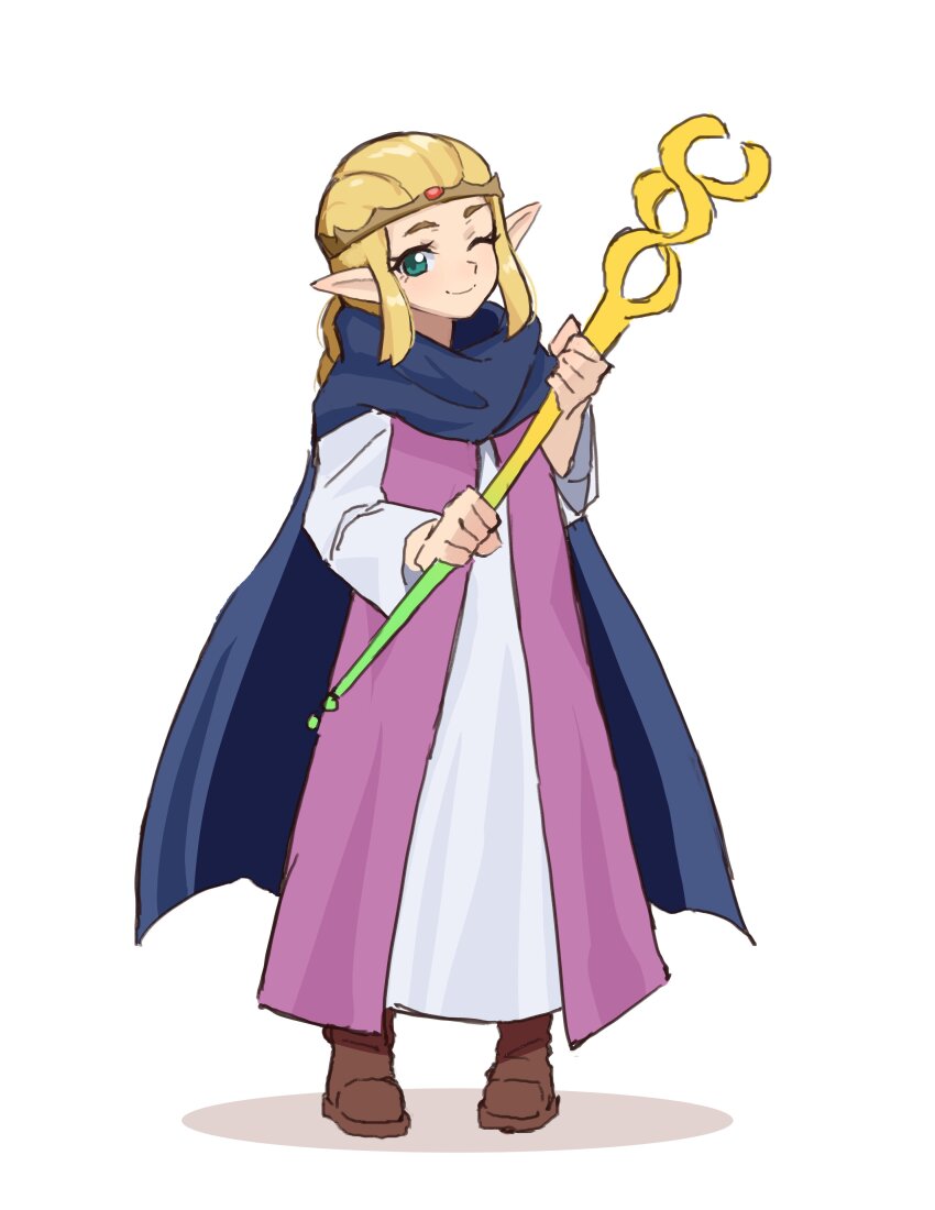 1girl absurdres blonde_hair blue_eyes brown_footwear dress full_body grimmelsdathird hair_pulled_back highres holding holding_wand long_sleeves nintendo pointy_ears princess_zelda sidelocks simple_background smile solo the_legend_of_zelda the_legend_of_zelda:_echoes_of_wisdom tri_rod wand white_background