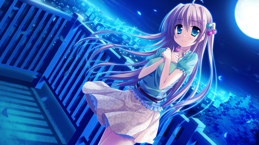 1girl blue_eyes blush brown_hair city game_cg hair_ornament highres long_hair magical_marriage_lunatics!! moon moonstone night rooftop shirahase_yuuna smile yamakaze_ran