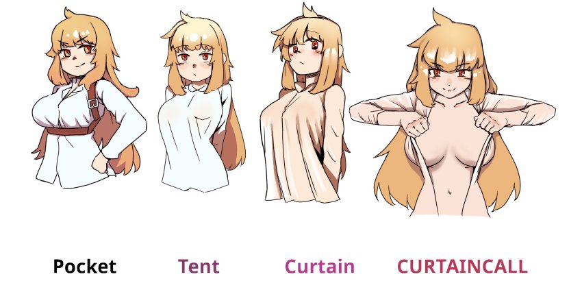 1girl arms_behind_back artist_request blonde_hair breasts character_request cleavage curtain_call_challenge_(meme) hand_on_own_hip highres large_breasts long_hair looking_at_viewer meme naughty_face navel no_bra open_clothes red_eyes self_exposure smile teasing