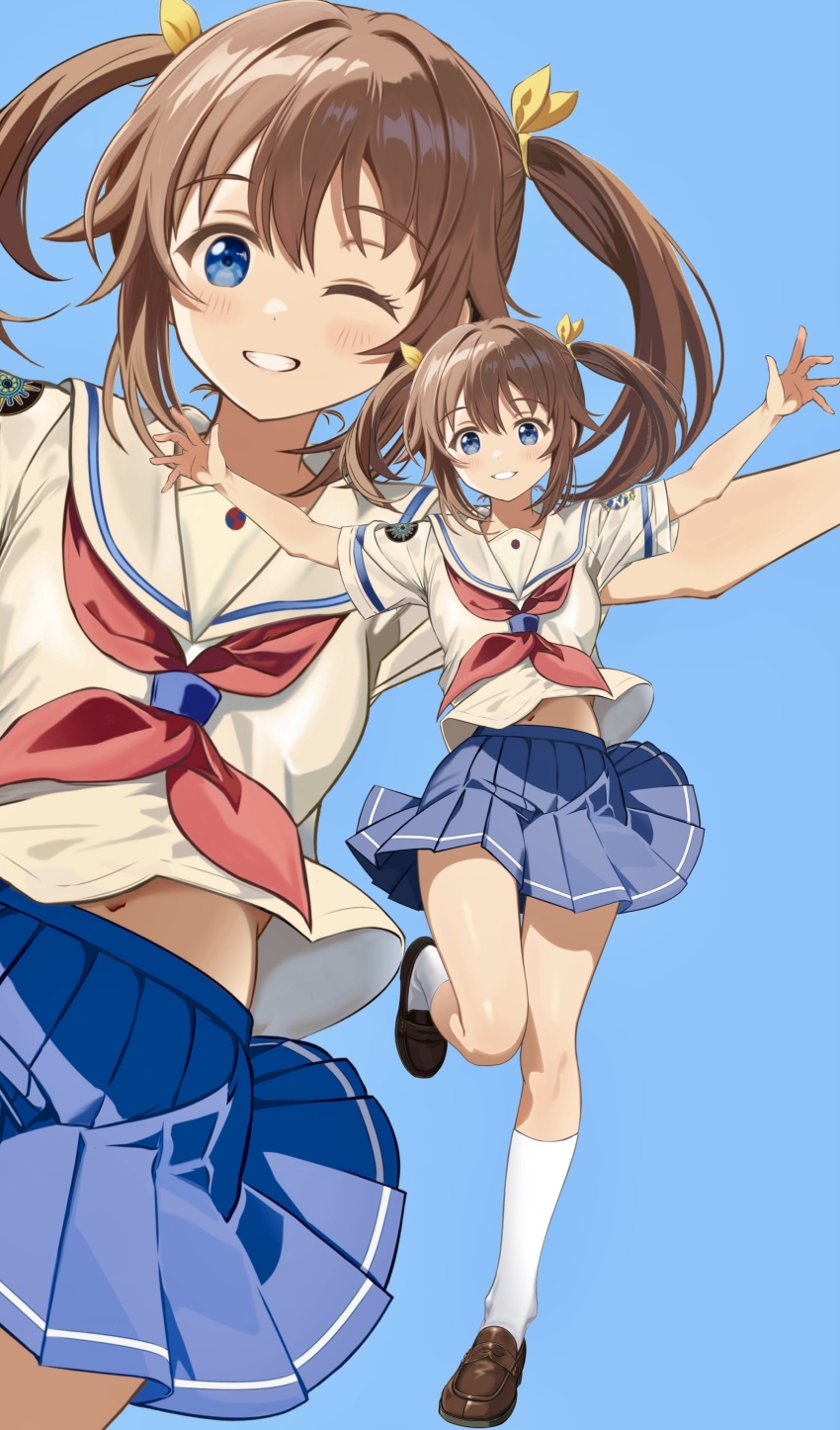 1girl absurdres blue_eyes brown_hair hair_ribbon high_school_fleet highres loafers misaki_akeno multiple_views navel neckerchief one_eye_closed outstretched_arms pleated_skirt ribbon school_uniform serafuku shoes short_sleeves skirt smile socks solo spread_arms standing standing_on_one_leg white_socks yokosuka_girls_marine_high_school_uniform zaofeng