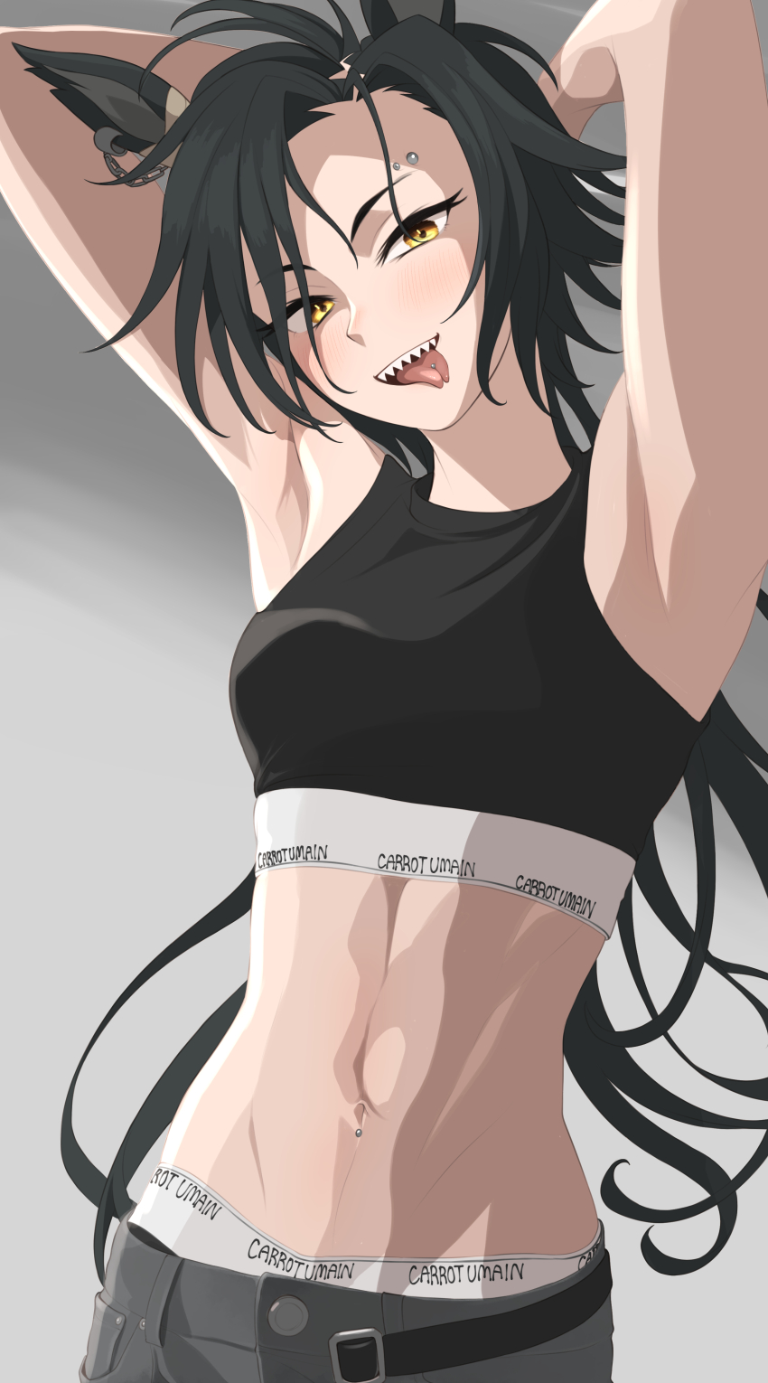 1girl abs absurdres air_shakur_(umamusume) alternate_costume animal_ears armpits arms_up belt black_hair black_sports_bra breasts brown_belt commentary_request cowboy_shot ear_ornament ear_piercing eyebrow_piercing gradient_background grey_pants highres horse_ears horse_girl horse_tail kumabachi315 long_hair navel open_belt open_mouth pants piercing sharp_teeth small_breasts smile solo sports_bra stomach tail teeth tongue tongue_out umamusume upper_teeth_only very_long_hair yellow_eyes