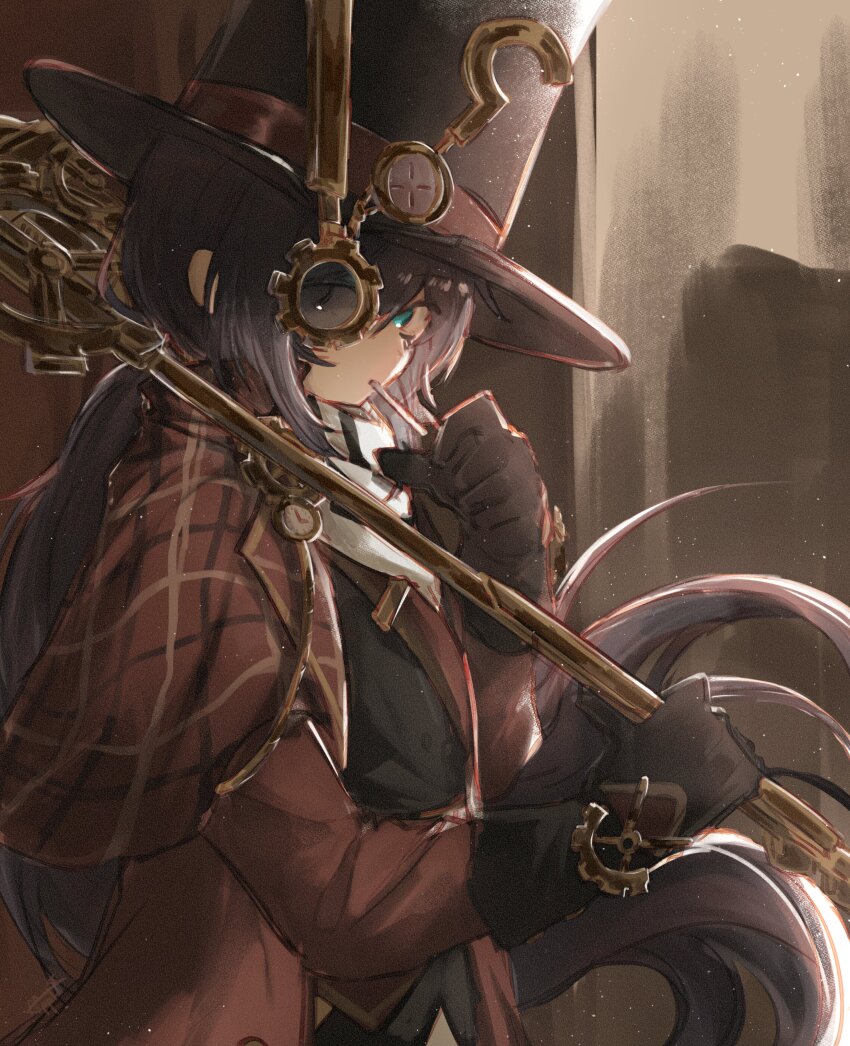 1boy absurdres aqua_eyes black_gloves black_hair brown_capelet brown_coat capelet coat gear_hat_ornament gears gloves hat hat_ornament heterochromia highres holding holding_weapon hong_lu_(project_moon) limbus_company long_hair long_sleeves looking_at_viewer low_ponytail monocle niioys plaid_capelet plaid_clothes project_moon scarf solo top_hat very_long_hair weapon white_scarf