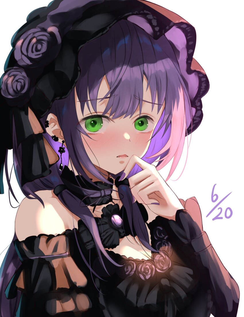 1girl absurdres alternate_costume alternate_hairstyle black_choker black_dress black_hat breasts choker cleavage collarbone commentary d: dated dress embarrassed gothic_lolita green_eyes hand_up hat highres ixianim link!_like!_love_live! lolita_fashion long_hair looking_at_viewer love_live! low_twintails medium_breasts off-shoulder_dress off_shoulder open_mouth otomune_kozue purple_hair purple_nails sidelocks solo twintails upper_body virtual_youtuber