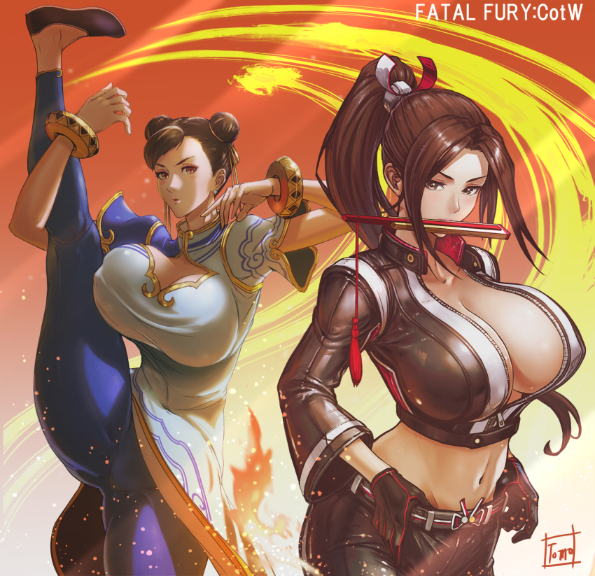 2girls black_gloves black_jacket black_jumpsuit black_pants bracelet breast_zipper breasts brown_eyes brown_hair capcom chinese_clothes chun-li cleavage coat crop_top cropped_jacket crossover double_bun fatal_fury fatal_fury:_city_of_the_wolves female_focus fighting_stance folded_fan folding_fan gloves hair_bun half-closed_eyes hand_fan high_ponytail highres holding holding_fan jacket jewelry jumpsuit large_breasts leather leather_pants long_hair looking_at_viewer midriff multiple_girls navel no_bra official_alternate_costume pants pantyhose pelvic_curtain ponytail print_jacket seductive_gaze shiranui_mai short_hair simple_background snk spandex street_fighter street_fighter_6 thick_thighs thighs tomo_eokaiteru toned