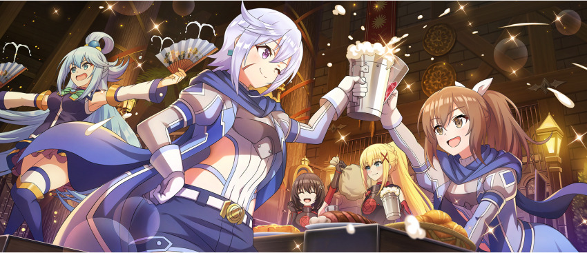 5girls :d ;) ahoge aqua_(konosuba) armor belt_buckle black_armor black_hair blonde_hair blue_coat blue_eyes blue_footwear blue_hair blue_scarf blue_shirt bob_cut boots bow bowtie braid breastplate brown_eyes brown_hair buckle chris_(konosuba) closed_eyes clothing_cutout coat cosplay crossover darkness_(konosuba) denim denim_shorts detached_sleeves elbow_gloves facial_scar floral_print flower food from_below game_cg gloves green_bow green_bowtie grey_coat grey_hair hair_between_eyes hair_bow hair_ornament hair_rings hairpin hand_fan highres indoors itai_no_wa_iya_nano_de_bougyoryoku_ni_kyokufuri_shitai_to_omoimasu juliet_sleeves kono_subarashii_sekai_ni_shukufuku_wo! konosuba!_fantastic_days light_blue_hair long_hair long_scarf long_sleeves maple_(bofuri) maple_(bofuri)_(cosplay) matching_outfits multicolored_coat multiple_girls official_art one_eye_closed open_mouth ponytail ponytail_with_braided_base puffy_sleeves purple_eyes red_flower red_gloves red_rose rose sally_(bofuri) sally_(bofuri)_(cosplay) scar scar_on_cheek scar_on_face scarf shirt short_hair short_shorts shorts side_ahoge side_cutout sidelocks single_hair_ring smile thigh_boots thighhighs thighhighs_under_boots turtleneck two-tone_coat white_bow white_gloves white_thighhighs x_hair_ornament zettai_ryouiki