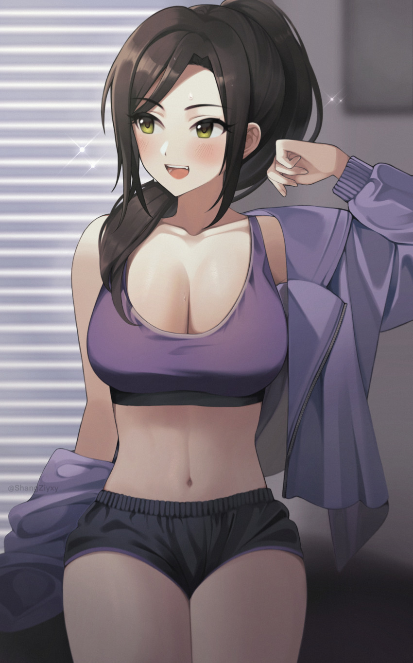 1girl :d arm_up bare_shoulders black_shorts window_blinds breasts brown_hair cleavage collarbone cowboy_shot green_eyes hair_over_shoulder highres idolmaster idolmaster_cinderella_girls indoors jacket large_breasts legs_together long_hair long_sleeves looking_away midriff mukai_takumi navel off_shoulder open_clothes open_jacket open_mouth parted_bangs ponytail purple_jacket purple_sports_bra shangzi short_shorts shorts sidelocks sitting smile solo sparkle sports_bra stomach teeth thighs twitter_username upper_teeth_only