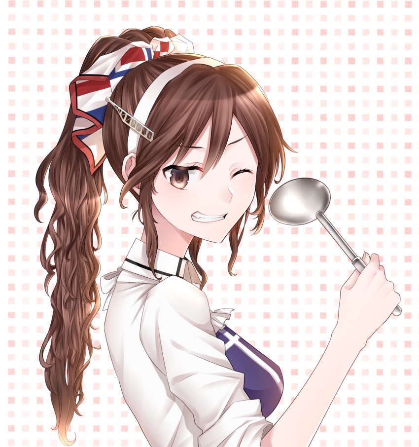 10s 1girl alternate_hairstyle apron ashigara_(kancolle) ashigara_kai_ni_(ichibankuji)_(kancolle) ashigara_kai_ni_(kancolle) brown_eyes brown_hair fang female_focus grin hair_ornament hairband high_ponytail highres kantai_collection ladle looking_at_viewer one_eye_closed polka_dot polka_dot_background ponytail shirt sleeves_pushed_up smile solo upper_body wavy_hair white_shirt yo_nu_ko yonuko