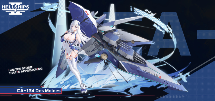 1girl airplane azur_lane bare_shoulders blue_eyes blue_gloves boots breasts bridal_gauntlets cleavage dress elbow_gloves english_text full_body galodos gloves helldivers_(series) highres holding holding_umbrella huge_breasts leaning_back long_hair looking_at_viewer microdress original personification race_queen rigging seaplane solo standing thigh_boots thighhighs umbrella uss_des_moines_(ca-134) white_dress white_footwear white_hair white_thighhighs wing_collar