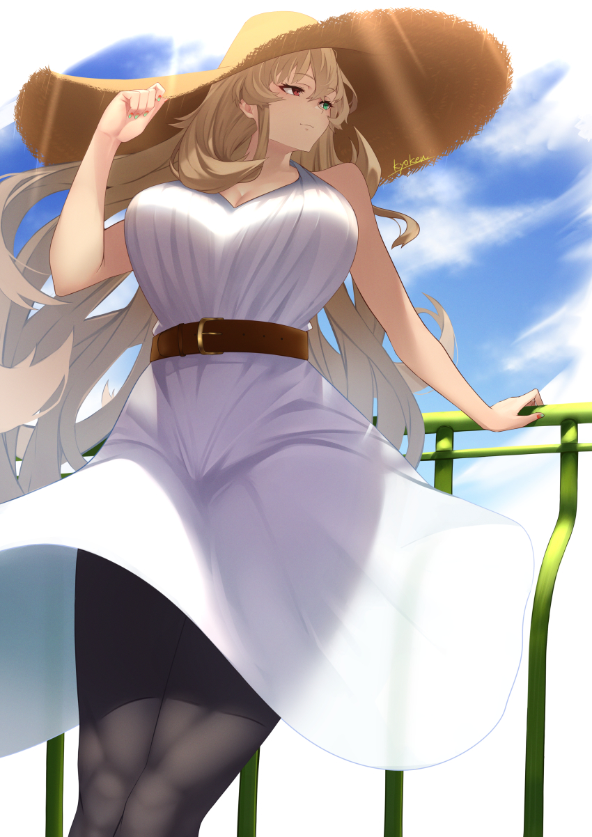 1girl absurdres arm_support belt black_pants blonde_hair breasts closed_mouth dress barghest_(fate) fate/grand_order fate_(series) green_eyes hat heterochromia highres huge_breasts kyoken long_hair nail_polish pants red_eyes red_nails solo sun sun_hat sundress sunlight thighs white_dress