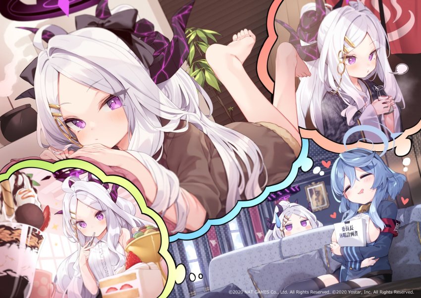 2girls =_= ahoge ako_(blue_archive) armband barefoot blouse blue_archive blue_hair blush bow cake closed_eyes closed_mouth collared_shirt commentary_request couch cup drinking eating food fork fruit hair_ornament halo hina_(blue_archive) horns long_hair looking_at_viewer lying multiple_girls official_art on_couch paper purple_eyes shirt silver_hair sitting thinking tousaki_shiina very_long_hair white_shirt