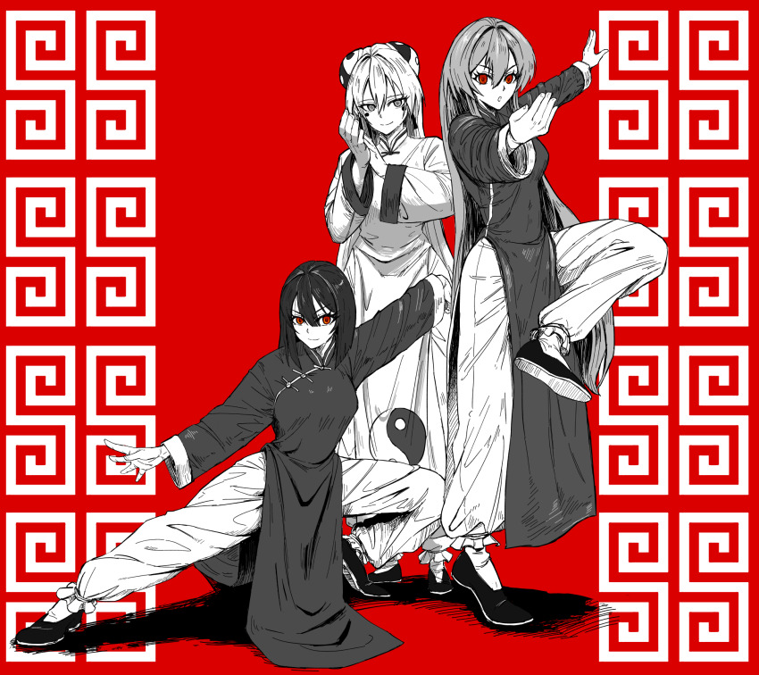 3girls changpao china_dress chinese_clothes dress fighting fighting_stance high_kick highres kicking kokoro_no_koibito kung_fu long_hair long_sleeves looking_at_viewer martial_arts monk multiple_girls original self-upload shaolin_monk short_hair tangzhuang training