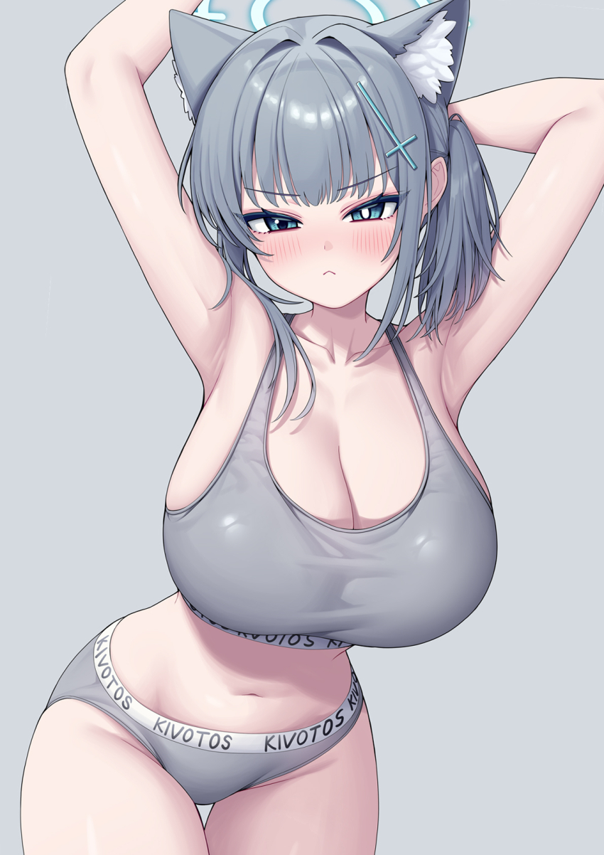 1girl animal_ear_fluff animal_ears blue_archive blue_eyes blue_halo blush breasts cleavage commentary cowboy_shot cross_hair_ornament grey_background grey_hair grey_panties grey_sports_bra hair_ornament halo highres huge_breasts large_breasts medium_hair metaljelly navel panties ponytail shiroko_(blue_archive) short_ponytail simple_background solo sports_bra symbol-only_commentary underwear underwear_only v-shaped_eyebrows wolf_ears wolf_girl