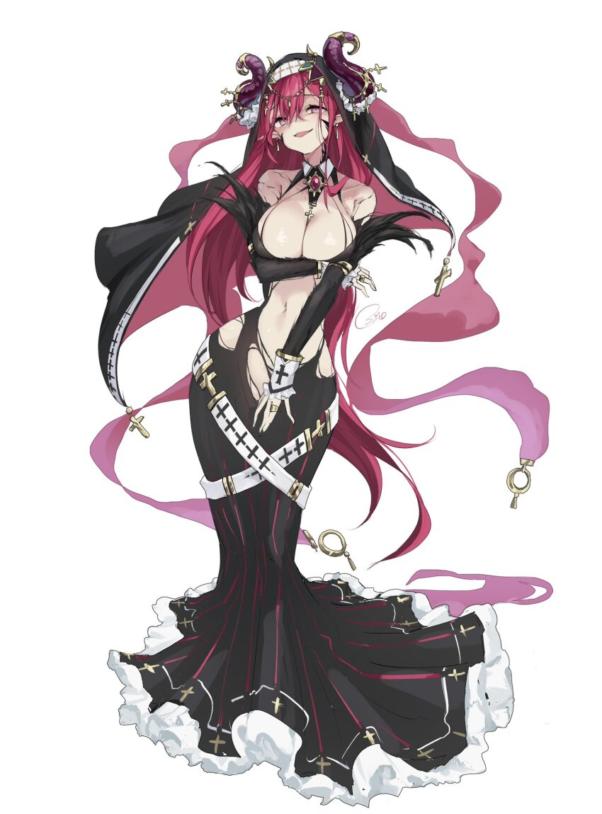 1girl bare_shoulders black_dress breasts cleavage coif demon_girl demon_horns detached_collar detached_sleeves dress earrings facial_mark full_body habit hair_between_eyes highres hobble_dress horn_ornament horns jewelry large_breasts long_dress long_hair long_sleeves looking_at_viewer navel nun open_mouth original osisio pointy_ears red_eyes red_hair ring simple_background solo torn_clothes torn_dress very_long_hair white_background