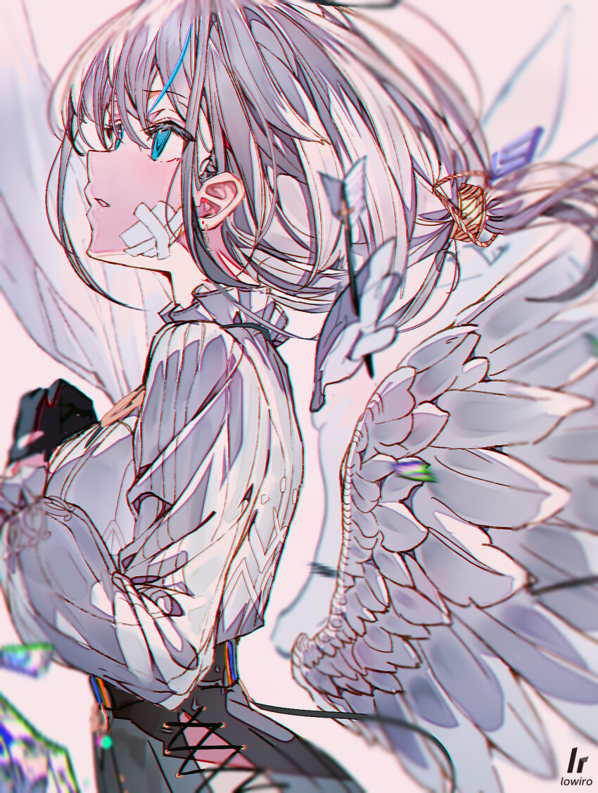 1girl absurdres album_cover arcaea bandaid bandaid_on_face black_gloves black_skirt blue_eyes blue_hair character_request copyright_notice cover detached_wings enj! feathered_wings frilled_shirt frills gloves grey_hair highres long_sleeves looking_to_the_side multicolored_hair official_art parted_lips shirt short_hair skirt solo streaked_hair white_shirt white_wings wings