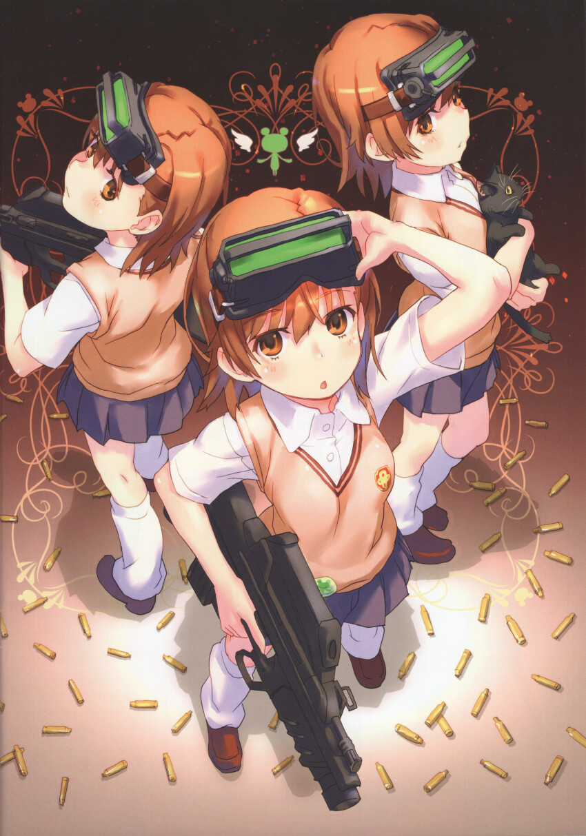 2020 20s 3girls :o absurdres animal blush brown_eyes brown_footwear brown_hair brown_sweater_vest bullet cat clone collar full_body gekota grey_skirt gun head-mounted_display highres holding holding_animal holding_cat holding_gun holding_weapon huge_filesize looking_at_viewer loose_socks matching_hair/eyes miniskirt misaka_imouto multiple_girls parted_lips pleated_skirt raika9 scan school_uniform shirt shoes short_hair skirt socks standing summer_uniform sweater_vest thighs toaru_kagaku_no_railgun toaru_majutsu_no_index tokiwadai_school_uniform weapon white_shirt white_socks