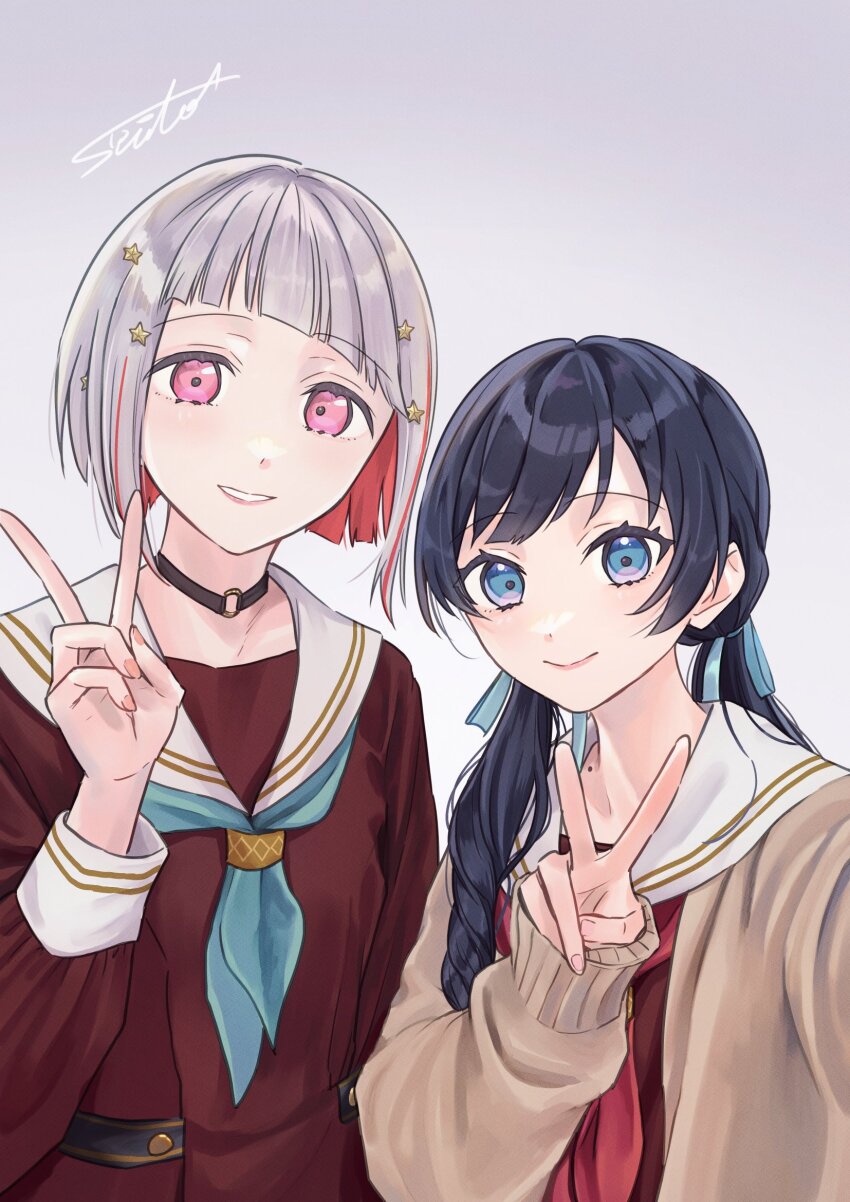 2girls aqua_neckerchief artist_name black_choker blue_eyes blue_hair blue_ribbon bob_cut brown_cardigan brown_dress cardigan choker closed_mouth colored_inner_hair commentary dark_blue_hair diagonal_bangs dress grey_background grey_hair grin hair_ornament hair_ribbon hasu_no_sora_school_uniform highres inverted_bob link!_like!_love_live! long_hair long_sleeves looking_at_viewer love_live! low_twintails mirror_image mole mole_on_neck multicolored_hair multiple_girls murano_sayaka neckerchief nonaka_kokona o-ring o-ring_choker open_cardigan open_clothes photo-referenced pink_eyes red_hair red_neckerchief ribbon sailor_collar sailor_dress sasaki_kotoko school_uniform selfie short_hair signature simple_background smile star_(symbol) star_hair_ornament streaked_hair suito swept_bangs twintails upper_body v virtual_youtuber voice_actor_connection white_sailor_collar winter_uniform yugiri_tsuzuri