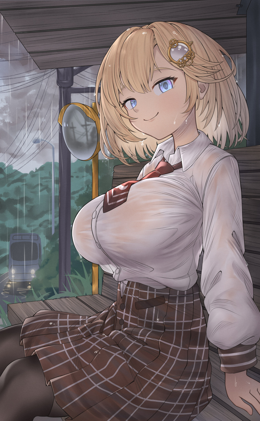 1girl absurdres black_pantyhose blonde_hair blue_eyes breasts brown_skirt bus bus_stop buttons cloud cloudy_sky hair_ornament highres hololive hololive_english honkivampy huge_breasts motor_vehicle necktie pantyhose plaid_clothes plaid_skirt rain red_necktie shirt short_hair short_necktie sitting skirt sky smile solo virtual_youtuber watson_amelia wet wet_clothes wet_hair white_shirt