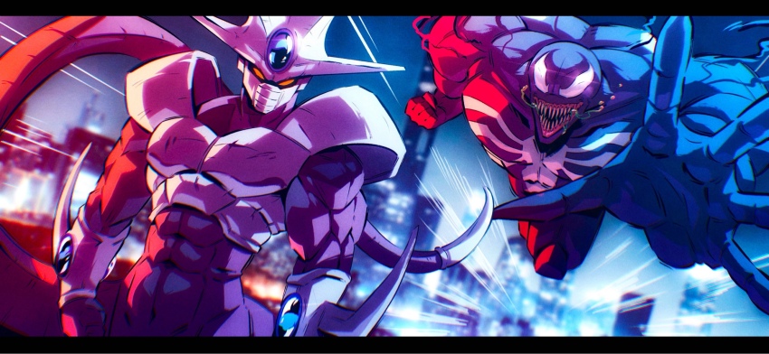 2boys commentary cooler_(dragon_ball) crossover dragon_ball dragonball_z fifth_form_(dragon_ball) highres hoodedmask letterboxed male_focus marvel multiple_boys muscular muscular_male reaching sharp_teeth speed_lines spider-man_(series) tail teeth venom_(marvel)