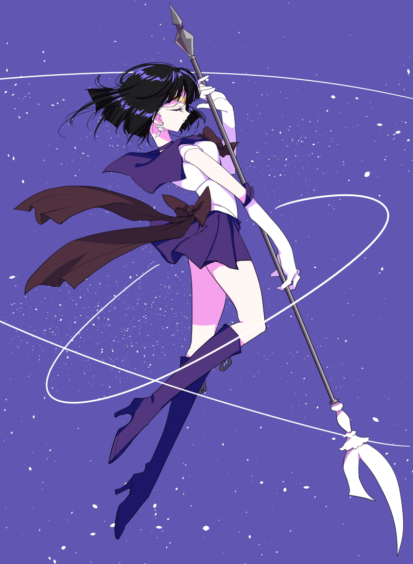 1girl absurdres back_bow bad_id bad_pixiv_id bishoujo_senshi_sailor_moon black_hair blue_background boots bow bowtie choker circlet closed_eyes earrings elbow_gloves facing_to_the_side full_body gloves high_heel_boots high_heels highres holding holding_polearm holding_weapon jewelry knee_boots miniskirt outer_senshi planet_earrings pleated_skirt pochi_(askas_is_god) polearm profile purple_choker purple_footwear purple_sailor_collar purple_skirt red_bow red_bowtie sailor_collar sailor_saturn sailor_senshi sailor_senshi_uniform short_hair silence_glaive skirt solo tomoe_hotaru weapon white_gloves