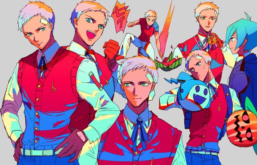 2boys bandaid bandaid_on_face bandaid_on_forehead black_jacket black_ribbon blue_hair closed_mouth collared_shirt commentary food fruit gekkoukan_high_school_uniform gloves grey_background grey_hair hands_on_own_hips jack_frost_(megami_tensei) jacket long_sleeves looking_at_another male_focus medal mizu_cx multiple_boys multiple_views neck_ribbon open_mouth pants persona persona_3 pyro_jack red_gloves red_sweater_vest ribbon sanada_akihiko school_uniform shirt short_hair smile sweater_vest upper_body watermelon white_pants white_shirt yuuki_makoto_(persona_3)