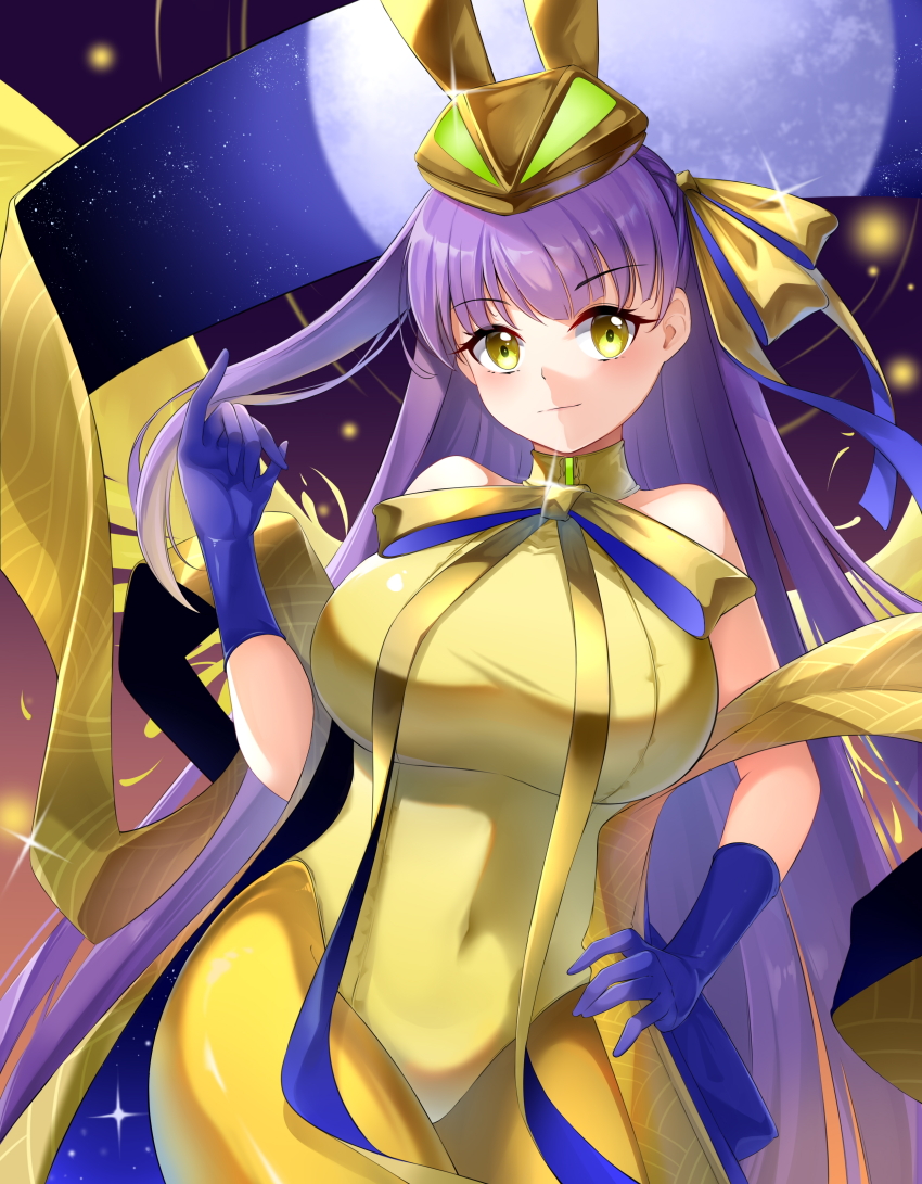 1girl absurdres animal_ears animal_hat bare_shoulders bb_(fate) blush breasts fate/grand_order fate_(series) gold_leotard gold_ribbon golden_bb_(fate) hair_ribbon hat heart highres jkth-shichen large_breasts leotard long_hair looking_at_viewer pantyhose purple_hair rabbit_ears rabbit_hat ribbon smile solo yellow_eyes yellow_pantyhose