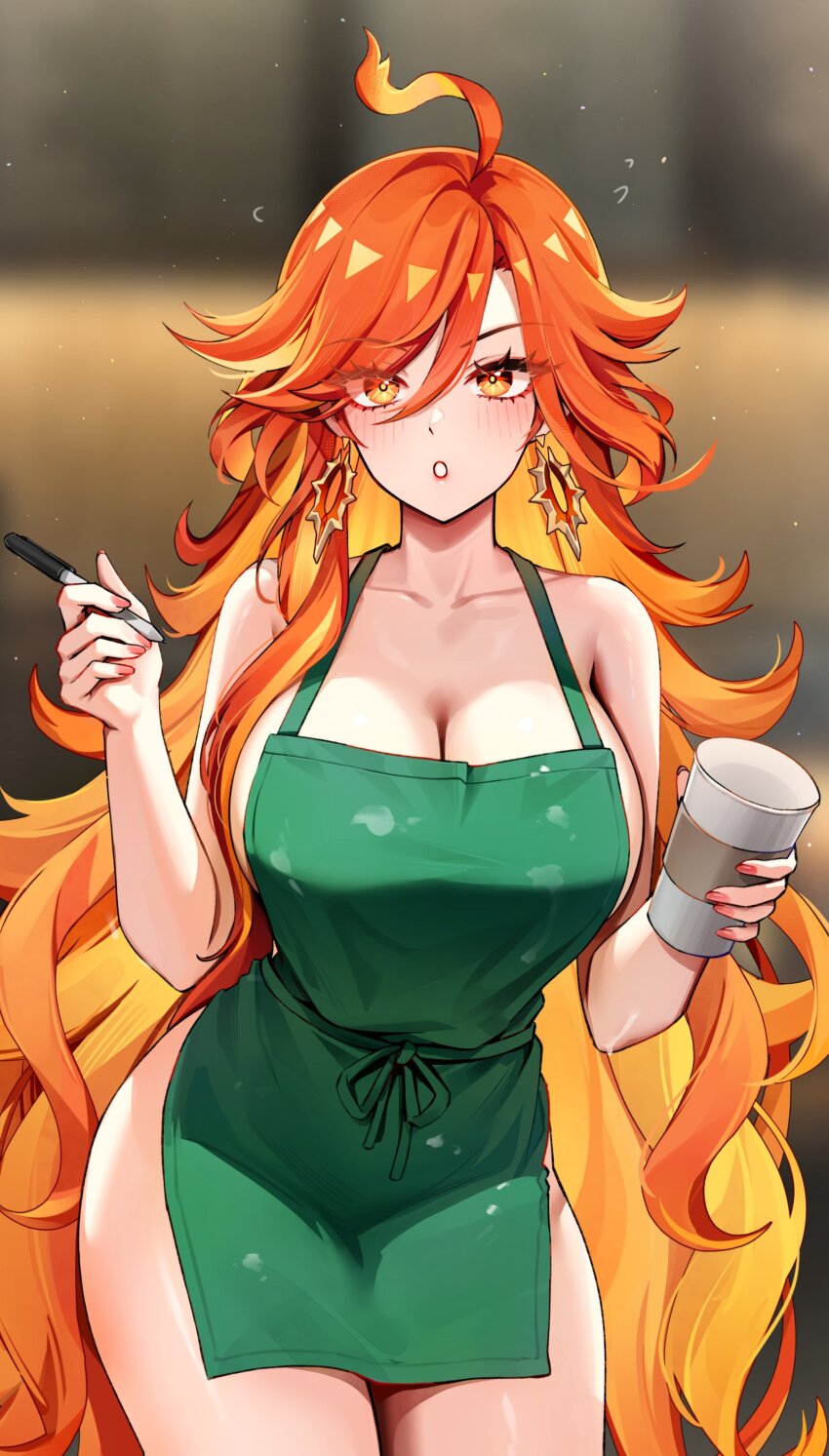 1girl :o absurdres ahoge alternate_costume apron barista blush breasts cleavage cup disposable_cup earrings foxyreine genshin_impact green_apron highres holding holding_cup holding_marker iced_latte_with_breast_milk_(meme) jewelry large_breasts long_hair looking_at_viewer marker mavuika_(genshin_impact) meme meme_attire multicolored_hair naked_apron open_mouth orange_eyes orange_hair red_hair solo two-tone_hair very_long_hair