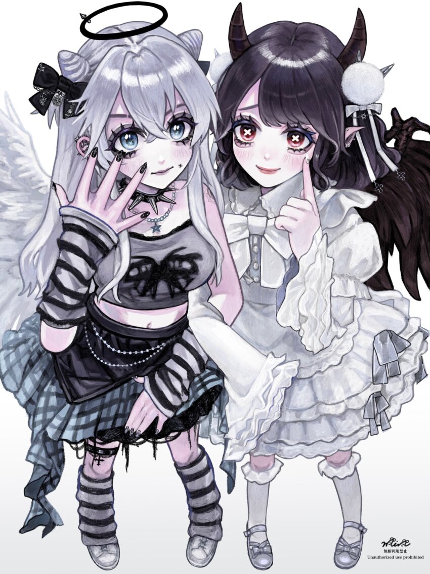 2girls angel_wings arm_warmers bead_necklace beads black_eyeshadow black_hair black_halo black_horns black_nails black_wings blush bow collar cone_hair_bun double_bun eyeshadow frilled_skirt frilled_sleeves frilled_thighhighs frills grey_bow grey_eyes grey_footwear grey_hair grey_ribbon grey_skirt grey_tank_top hair_bow hair_bun halo hand_on_own_face highres horns index_finger_raised jewelry juliet_sleeves leg_warmers locked_arms long_hair long_sleeves makeup medium_hair min_(mts2314) multiple_girls necklace original plaid_clothes plaid_skirt puffy_sleeves red_eyes simple_background skirt spiked_collar spikes sticker_on_face symbol-shaped_pupils tank_top thighhighs white_background white_bow white_nails white_thighhighs white_wings wings x-shaped_pupils