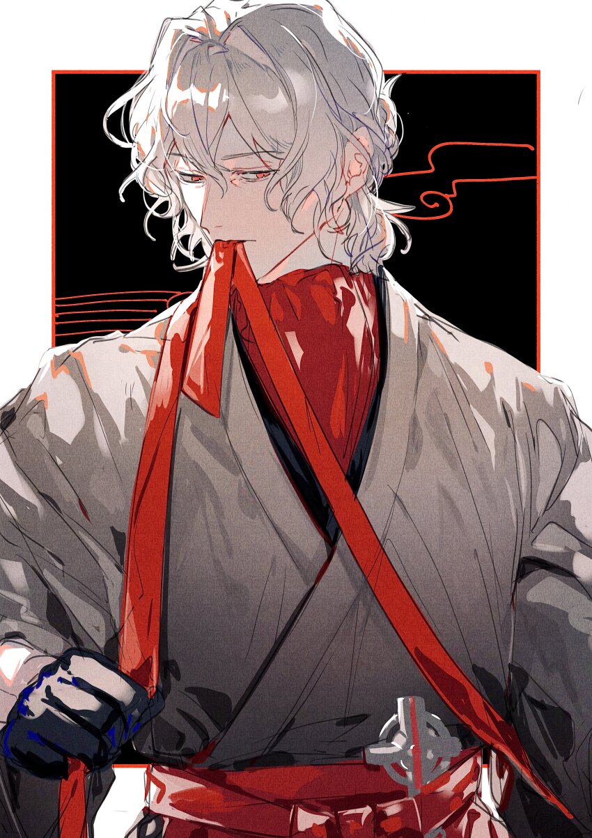 1boy absurdres antonio_salieri_(fate) antonio_salieri_(kyomaf_2024)_(fate) antonio_salieri_(second_ascension)_(fate) ascot black_background black_gloves border fate/grand_order fate_(series) gloves grey_hair grey_kimono hair_between_eyes hair_intakes hakama half_updo highres japanese_clothes kimono long_sleeves looking_down male_focus mouth_hold nasubi_illust official_alternate_costume outside_border red_ascot red_eyes red_hakama red_ribbon ribbon short_hair simple_background solo tasuki tying upper_body white_border wide_sleeves