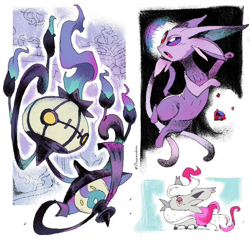 artist_name chandelure commentary creatures_(company) espeon game_freak gen_2_pokemon gen_5_pokemon highres hisuian_zorua lampent nintendo no_humans open_mouth pokemon pokemon_(creature) twitter_username white_background zlayameduza