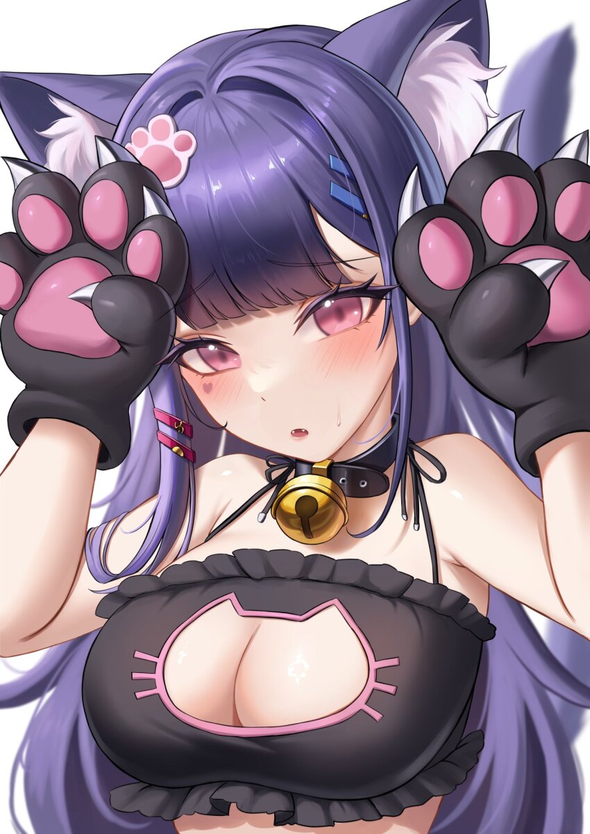 1girl akuma_nihmune animal_ear_fluff animal_ears animal_hands black_collar blush breasts cat_cutout cat_ears cat_girl cat_paws cat_tail cleavage cleavage_cutout clothing_cutout collar cotton_noir hair_ornament hairpin highres indie_virtual_youtuber large_breasts looking_at_viewer paw_hair_ornament purple_hair red_eyes solo tail virtual_youtuber white_background