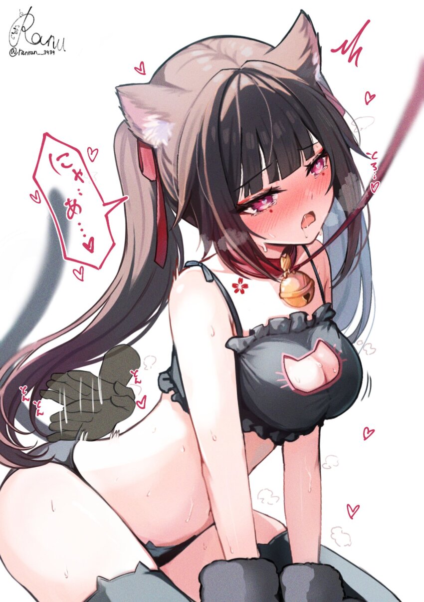 1girl :&lt; anger_vein animal_ears bell bikini black_bikini black_thighhighs blush breasts brown_hair butterfly-shaped_pupils cat_cutout cat_ears cat_tail cleavage cleavage_cutout clothing_cutout collar crying crying_with_eyes_open drooling flower_tattoo half-closed_eyes heavy_breathing highres honkai:_star_rail honkai_(series) jingle_bell leash mark_under_both_eyes medium_breasts neck_bell nose_blush open_mouth patting patting_back pink_eyes ranran_3939 red_collar saliva simple_background sitting solo sparkle_(honkai:_star_rail) spoken_anger_vein sweat swimsuit symbol-shaped_pupils tail tattoo tears thighhighs twitching white_background