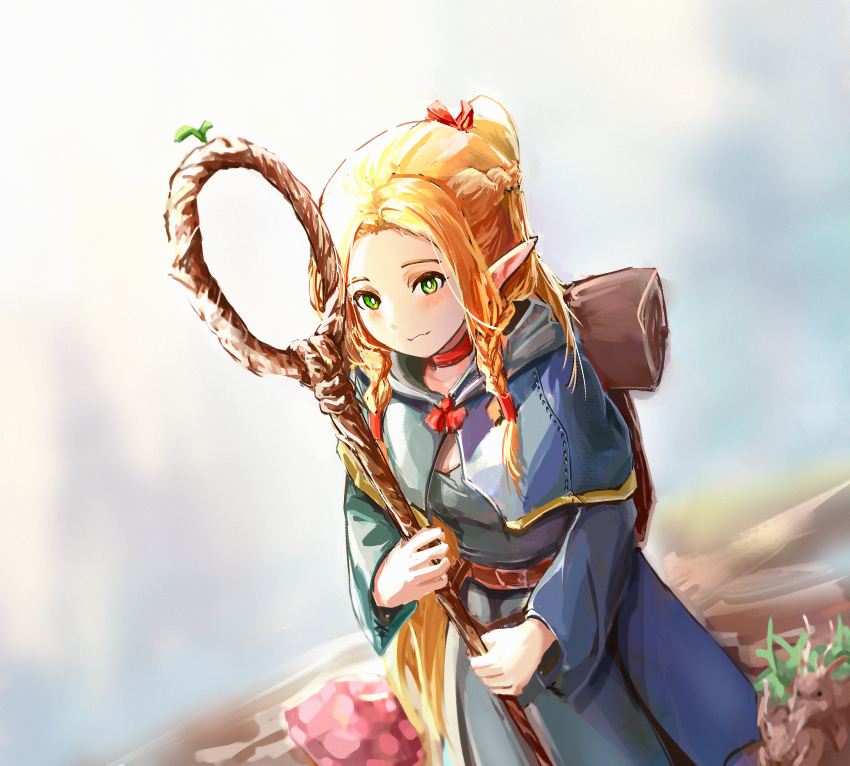 1girl :3 absurdres ambrosia_(dungeon_meshi) backpack bag belt belt_buckle blonde_hair blue_capelet blue_dress blue_sky blurry blurry_background braid bright_pupils brown_bag buckle capelet chinese_commentary choker closed_mouth commentary_request cowboy_shot day dress dungeon_meshi elf eyelashes grass green_eyes hair_tubes half_updo highres holding holding_staff hood hood_down hooded_capelet huijin light_blush long_hair long_sleeves looking_at_viewer marcille_donato medium_dress multiple_braids neck_ribbon outdoors pleated_dress pointy_ears red_belt red_choker red_ribbon ribbon ribbon-trimmed_capelet ribbon_trim short_ponytail side_braid sky smile solo staff twin_braids very_long_hair white_pupils