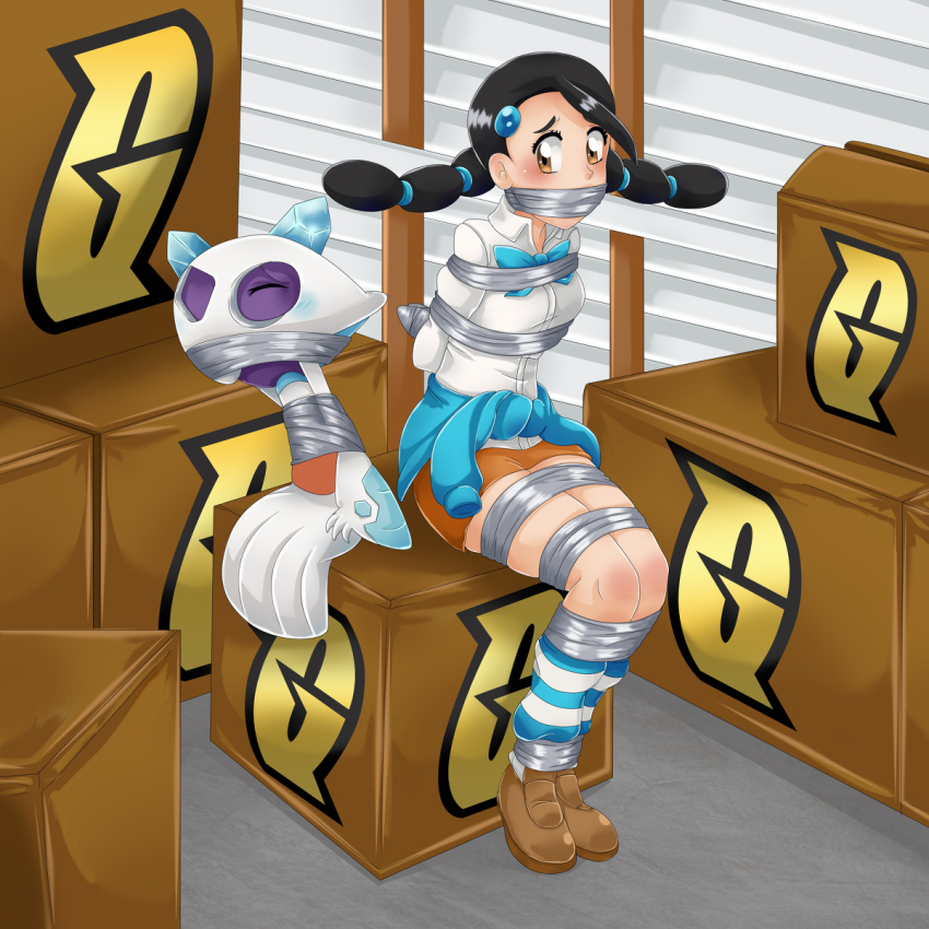 1girl breasts brown_eyes candice_(pokemon) clothes_around_waist creatures_(company) froslass gagmanzx game_freak gen_4_pokemon highres kidnapped medium_breasts miniskirt nintendo pokemon pokemon_dppt shoes sitting skirt socks sweater sweater_around_waist team_galactic tied_up_(nonsexual)