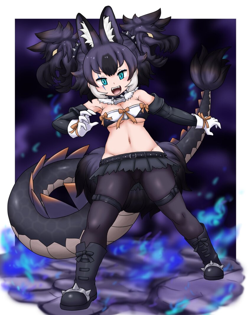 1girl adansosutega animal_ears bare_shoulders belt big_hair black_belt black_footwear black_gloves black_hair black_pantyhose black_shirt black_skirt blue_eyes boots cerberus_(kemono_friends) cerberus_(kemono_friends)_(cosplay) cosplay crop_top dhole_(kemono_friends) dog_ears dog_girl dog_tail elbow_gloves fang full_body gloves hair_between_eyes highres kemono_friends lizard_tail midriff multicolored_hair navel open_mouth pantyhose pleated_skirt purple_hair scar scar_across_eye shirt short_hair sidelocks skirt sleeveless smile solo tail thigh_strap torn_clothes torn_skirt two-tone_shirt white_gloves white_hair white_shirt