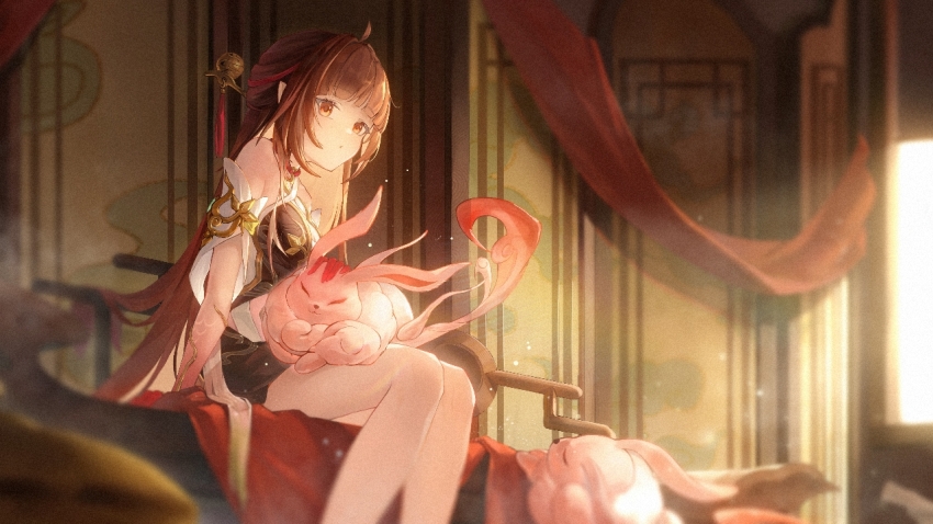 1girl ahoge animal animal_on_lap architecture bare_shoulders breasts brown_hair chinese_clothes colored_extremities commentary_request detached_sleeves east_asian_architecture feet_out_of_frame fuyuan_(honkai:_star_rail) hair_ornament honkai:_star_rail honkai_(series) indoors lingsha_(honkai:_star_rail) long_hair looking_at_viewer medium_breasts on_lap orange_eyes parted_lips petting pointy_ears rabbit red_hands sitting solo sunlight tassel tassel_hair_ornament user_ppwp7555 very_long_hair