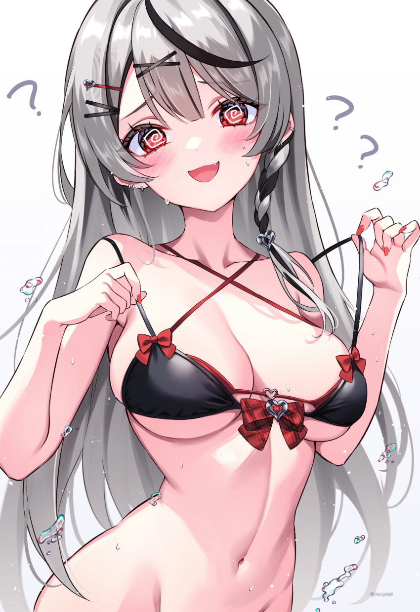 1girl ? @_@ bikini bikini_top_only black_bikini black_hair blush bottomless breasts collarbone commentary_request eneru_(enepuni) grey_hair hair_ornament highres hololive large_breasts long_hair looking_at_viewer multicolored_hair navel nervous_smile red_eyes sakamata_chloe simple_background skindentation smile solo stomach strap_pull streaked_hair swimsuit two-tone_hair underboob upper_body virtual_youtuber white_background x_hair_ornament