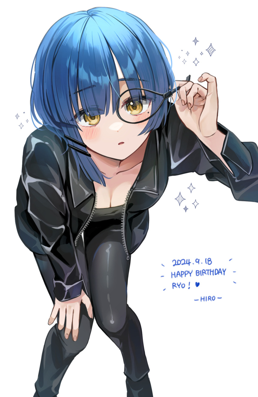 1girl artist_name asymmetrical_hair black_jacket black_pants blue_hair blush bocchi_the_rock! breasts cable_tie character_name cleavage commentary_request dated hair_ornament hairclip hand_on_own_knee happy_birthday highres jacket looking_at_viewer mole mole_under_eye open_clothes open_jacket open_mouth pants rounizm short_hair simple_background solo sparkle white_background yamada_ryo zipper