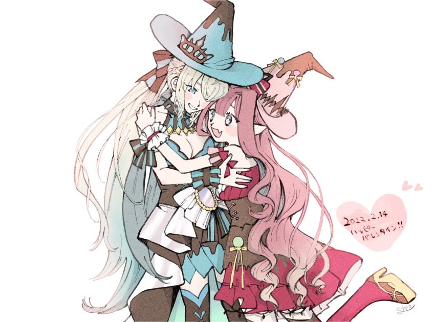 2girls baobhan_sith_(fate) baobhan_sith_(valentine_witches)_(fate) blue_hat blush boots breasts cleavage dress fang fate/grand_order fate_(series) grey_eyes hair_ribbon hat high_heel_boots high_heels hug morgan_le_fay_(fate) morgan_le_fay_(valentine_witches)_(fate) mother_and_daughter multiple_girls open_mouth pink_hair pink_hat platform_footwear platform_heels pointy_ears ponytail red_dress red_nails ribbon sidelocks skin_fang smile souse_me star-shaped_pupils star_(symbol) symbol-shaped_pupils thigh_boots white_background white_hair witch_hat wrist_cuffs