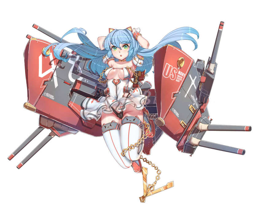 12cat 1girl anchor animal_ears black_panties blue_hair breasts cannon chain cleavage_cutout clothing_cutout collarbone fake_animal_ears female_focus green_eyes hair_between_eyes highleg highleg_panties jumping long_hair looking_at_viewer machinery mecha_musume official_art open_mouth original panties personification see-through_clothes ship_turret simple_background solo thighhighs underwear uss_west_virgina_(bb-48) uss_west_virginia_(bb-48) uss_west_virginia_(zhan_jian_shao_nyu) warship_girls_r west_virginia_(warship_girls_r) white_background