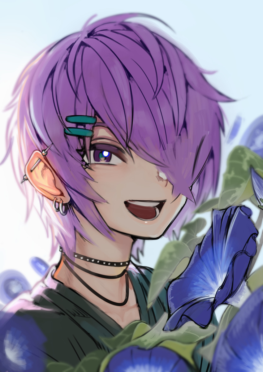 1boy 2n5 :d absurdres choker earrings flower hair_ornament hairclip highres jewelry looking_at_viewer male_focus morning_glory open_mouth original purple_eyes purple_hair smile solo teeth