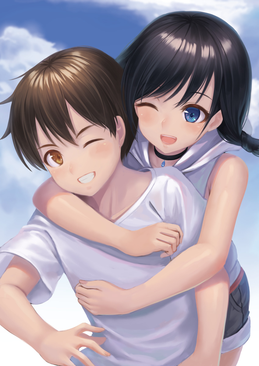 1boy 1girl ;d amano_hina_(tenki_no_ko) black_choker black_hair blue_eyes brown_eyes brown_hair choker collarbone grey_shorts grin highres hood hooded_sweater hug hug_from_behind morishima_hodaka_(tenki_no_ko) one_eye_closed open_mouth ranma_(kamenrideroz) shirt short_hair short_shorts shorts smile sweater t-shirt tenki_no_ko vest white_shirt white_vest