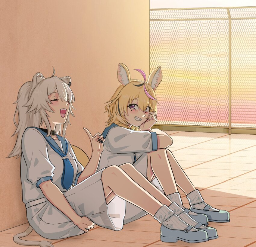 2girls ahoge animal_ear_fluff animal_ears anstatic black_choker black_nails blonde_hair blue_sailor_collar braid choker closed_eyes commentary_request ear_piercing fence fingernails fox_ears fox_girl fox_tail grin hair_between_eyes highres holohoneygaoka_high_school_uniform holohoneygaoka_koukou hololive lion_ears lion_girl lion_tail long_hair multicolored_hair multiple_girls nail_polish official_alternate_costume omaru_polka on_floor piercing rooftop sailor_collar school_uniform serafuku sharp_fingernails shirt shishiro_botan shoes short_hair short_sleeves sitting skirt sky smile socks tail virtual_youtuber white_footwear white_shirt white_skirt white_socks