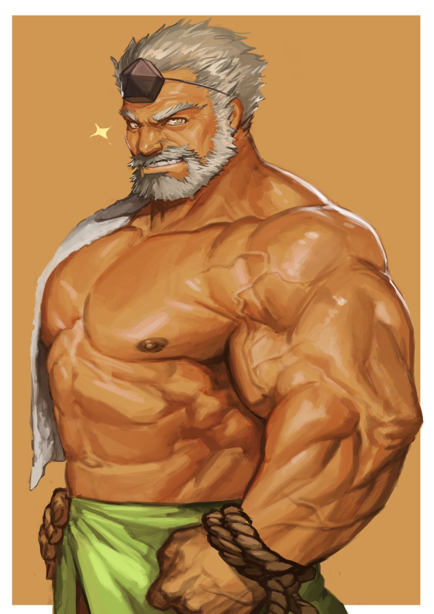 1boy absurdres bara bare_pectorals beard brown_background brown_eyes clenched_hand facial_hair hand_on_own_hip highres hogen_(housamo) horns looking_at_viewer male_focus muscular muscular_male mustache nipples pectorals topless_male simple_background single_horn smile solo sparkle standing tokyo_houkago_summoners towel_on_one_shoulder traver009 veins white_hair