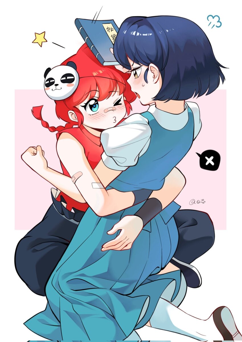 2girls annoyed ass bai_xin blue_hair blush braid braided_ponytail fuurinkan_high_school_uniform highres hug multiple_girls notebook one_eye_closed panda_mask ranma-chan ranma_1/2 red_hair rejected_kiss school_uniform short_hair socks star_(symbol) tendou_akane white_socks yuri