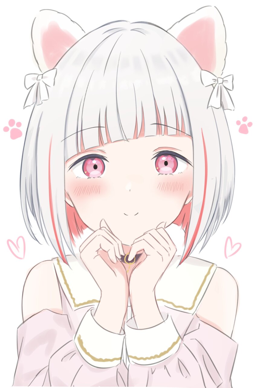 1girl absurdres animal_ear_hairband animal_ears black_choker blush bob_cut bow cat_ear_hairband cat_ears choker closed_mouth clothing_cutout colored_inner_hair commentary_request diagonal_bangs dream_believers fake_animal_ears hair_bow hairband heart heart_hands highres inverted_bob iroha_(nami3) link!_like!_love_live! looking_at_viewer love_live! multicolored_hair paw_print pink_eyes red_hair short_hair shoulder_cutout simple_background smile solo split_mouth streaked_hair virtual_youtuber white_background white_bow white_hair yugiri_tsuzuri