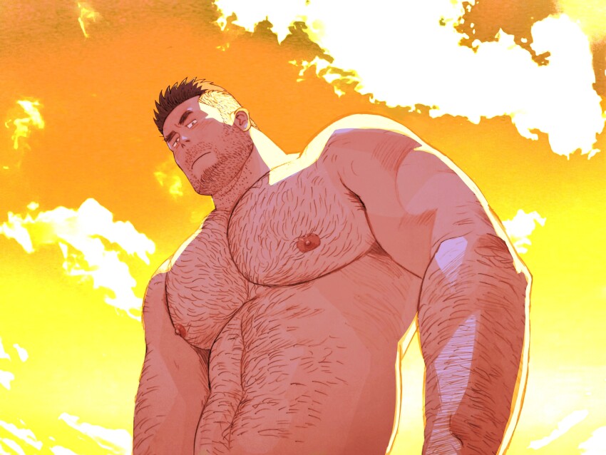 1boy absurdres arm_hair bara beard beard_stubble bota86mochi brown_hair chest_hair closed_mouth cloud commentary_request facial_hair highres large_pectorals looking_at_viewer male_focus mature_male muscular muscular_male navel navel_hair nipples nude orange_background orange_sky original pectorals short_hair sky solo stomach stubble thick_eyebrows undercut upper_body