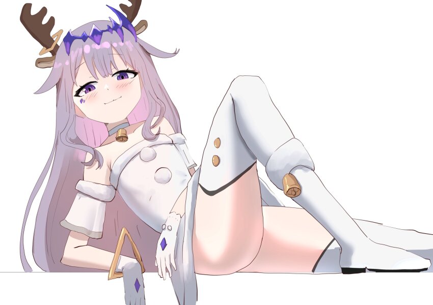 1girl angelchama animal_ears antlers bell boots breasts choker closed_mouth colored_inner_hair deer_ears dress fake_animal_ears fake_antlers fur-trimmed_dress fur_trim gloves grey_hair hair_flaps highres hololive hololive_english horns jewel_under_eye jingle_bell koseki_bijou long_hair looking_at_viewer multicolored_hair neck_bell official_alternate_costume pink_hair reindeer_antlers sidelocks small_breasts smile solo thigh_boots thighhighs very_long_hair virtual_youtuber white_choker white_dress white_footwear white_gloves white_thighhighs