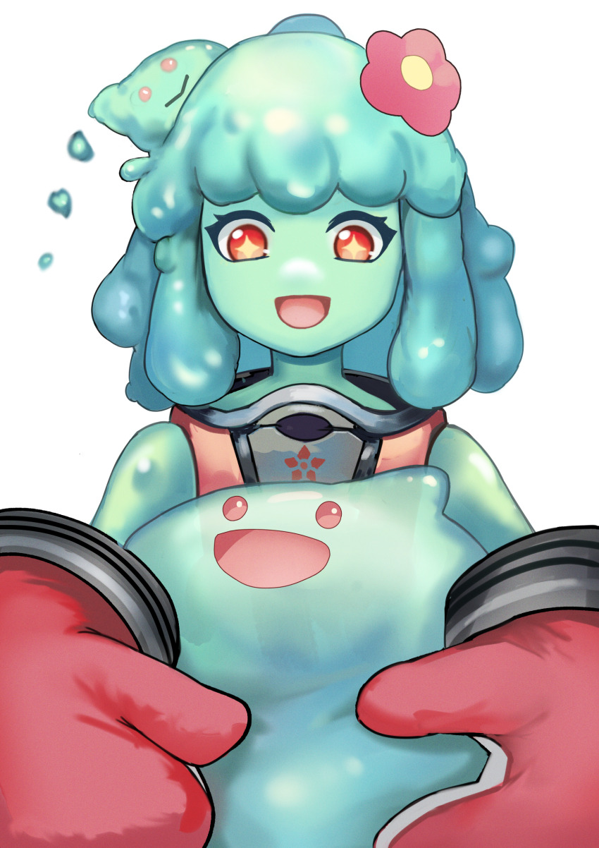 +_+ 1girl aqua_hair aqua_skin bodysuit colored_skin flower gloves hair_flower hair_ornament highres holding juno_(omega_strikers) medium_hair monster_girl numaduke omega_strikers open_mouth ponytail red_bodysuit red_eyes red_flower red_gloves simple_background slime_(creature) slime_(substance) slime_girl slime_on_head smile upper_body white_background